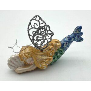 Lillian Vernon Ceramic Mermaid Angel VTG Christmas Ornament Glitter Accents
